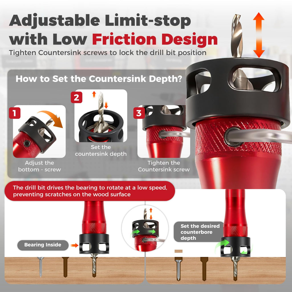 BURMONG 5-Piece Countersink Drill Bit Set with Bearing Depth Stop & Chamfer Tool, 1/4" Hex Shank Quick Change Bi-Directional Cutting Edges for Woodworking (with Adjustable Bearing Depth Stop)