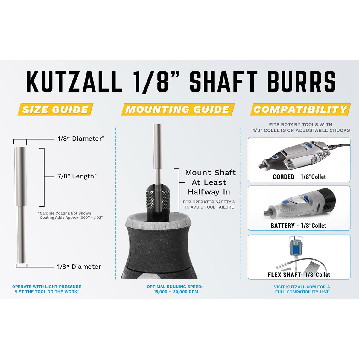 Kutzall Extreme Cylinder Burr, 1⁄8" Shaft, Very Coarse - Wood Carving Bit for Dremel, Foredom, DeWalt, Milwaukee. Abrasive Tungsten Carbide, 1⁄8" (3.1mm) Dia. X 7⁄8" (22.2mm) Length, CX-18-EC