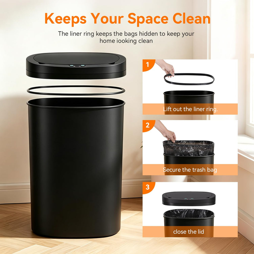 13 Gallon Plastic Trash Can with Lid | Black