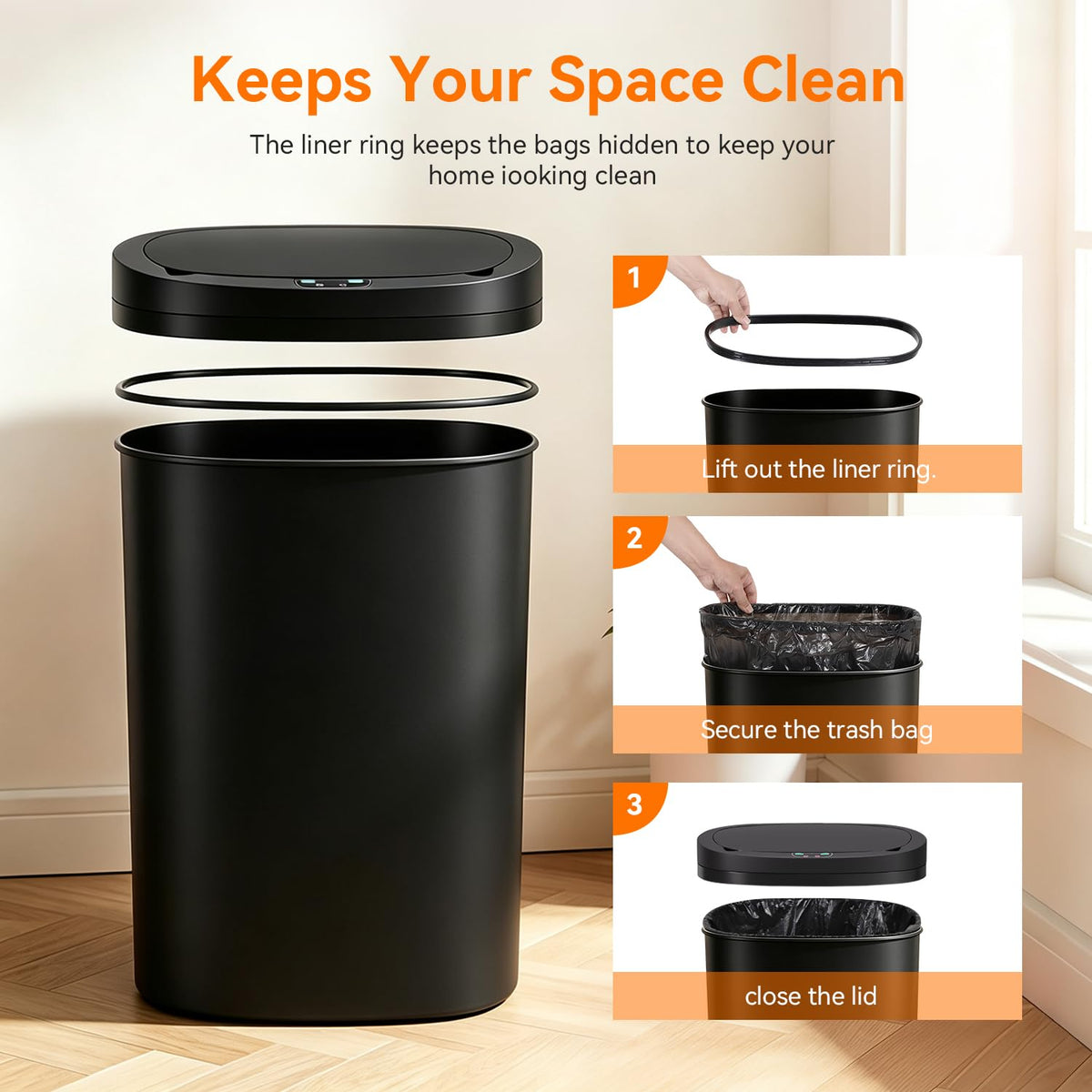 13 Gallon Plastic Trash Can with Lid | Black