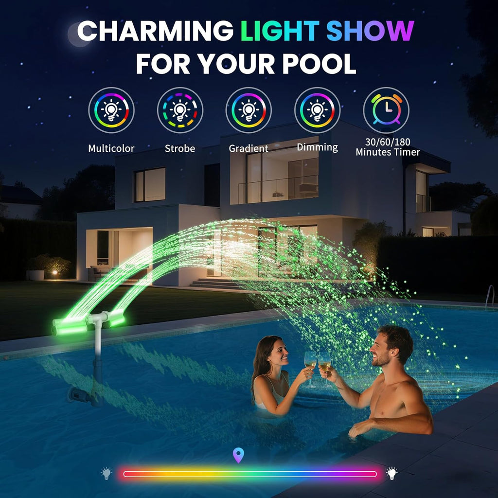 Swimming-Pool Waterfall Fountain w/Colorful Led-Lights - 7 Color Changing Above/Inground Pool Fountain Lights with