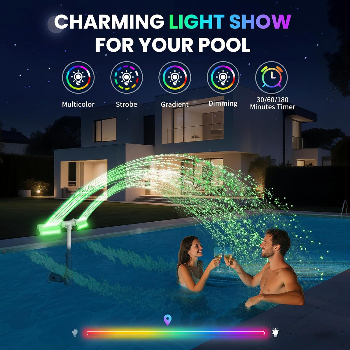 Swimming-Pool Waterfall Fountain w/Colorful Led-Lights - 7 Color Changing Above/Inground Pool Fountain Lights with