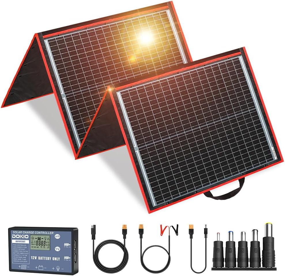 150W Portable Foldable Solar Panel Kit for 12V Battery Charging | Folds to 20 x 21 in and weighs 7.3 lb; includes