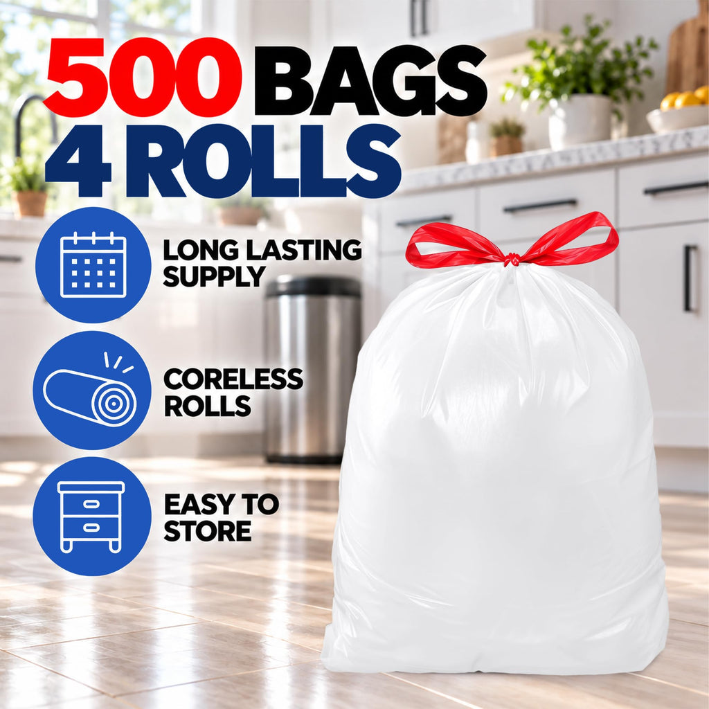 Tall Kitchen Drawstring Trash Bags 13 Gallon | 500 Count Bulk, White