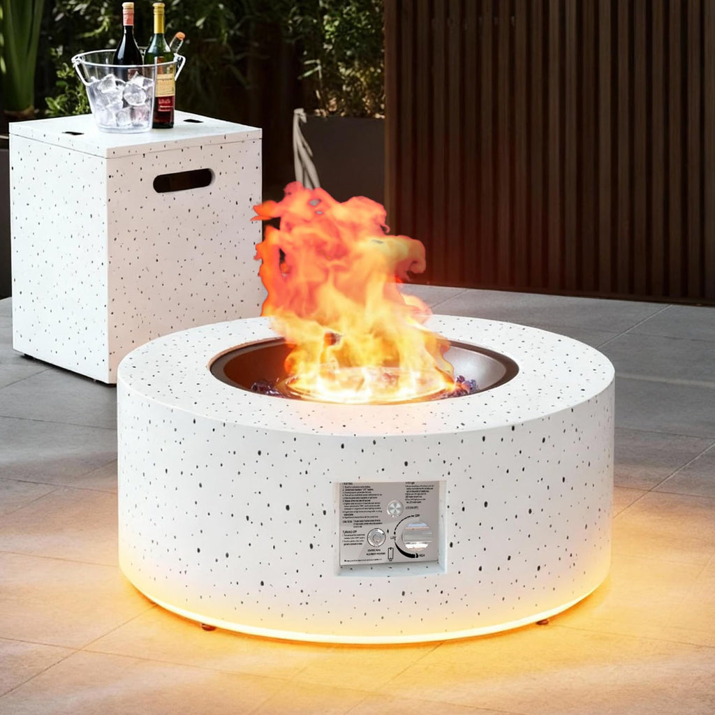 30" Round Outdoor Propane Fire Pit Table with LED for Outside Patio