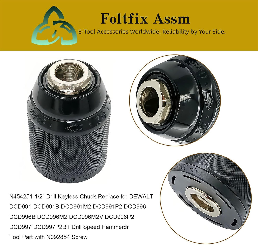 DCD991 DCD996 DCD997 N454251 1/2" Replace for DEWALT Keyless Chuck DCD991B DCD991M2 DCD991P2 DCD996B DCD996M2 DCD996M2V DCD996P2 DCD997P2BT Hammer Drill Power Tool
