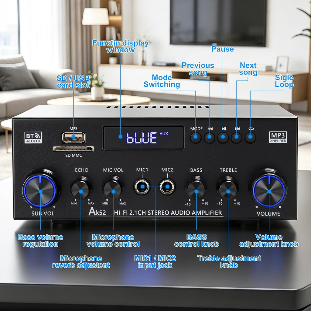 AK52 Home 2.1 Channel Bluetooth 5.0 Stereo Receivers Amplifier