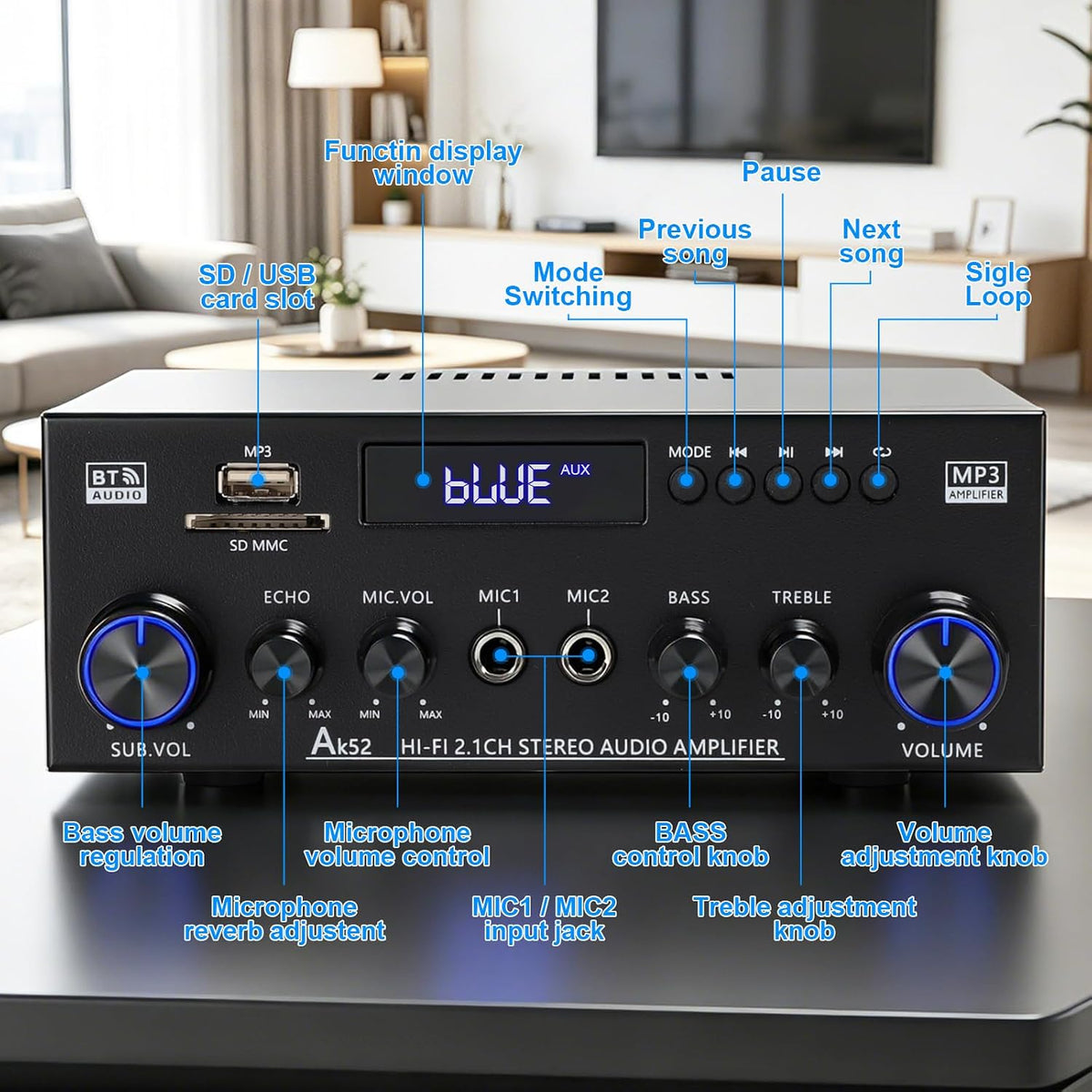 AK52 Home 2.1 Channel Bluetooth 5.0 Stereo Receivers Amplifier