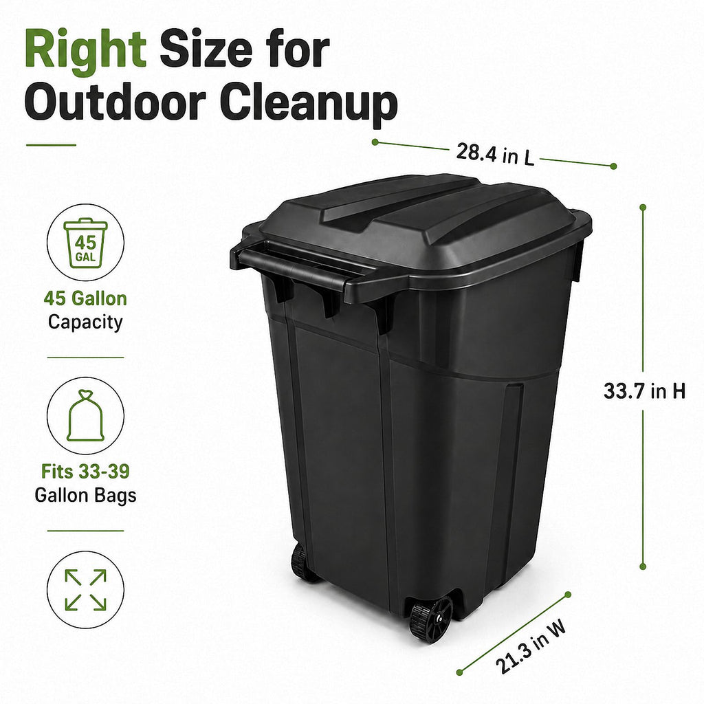 45 Gallon Wheeled Outdoor Trash Can Durable Garbage Bin with Lid(2-Pack)