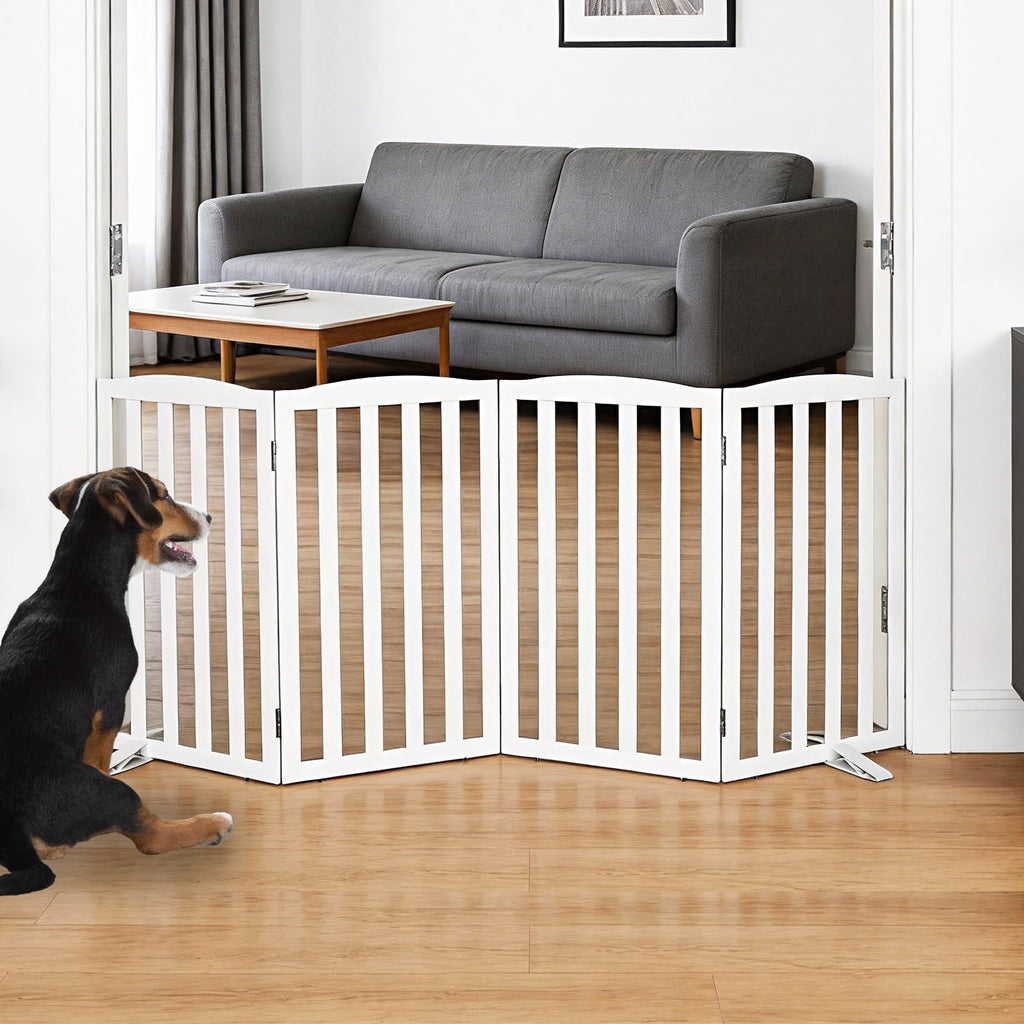 Freestanding Solid Wood Folding Pet & Dog Barrier Gate with Support Feet for Wide Indoor Openings, Hallways & Stairs — White