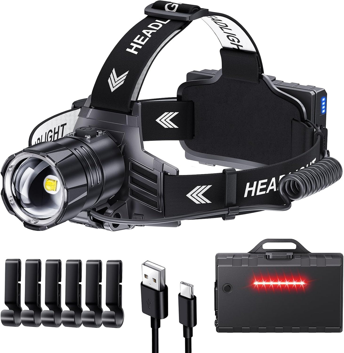 99000 High Lux LED Rechargeable Headlamp, 95H Long Battery Life Head Lamp with 5 Modes & IPX7 Waterproof & Zoomable