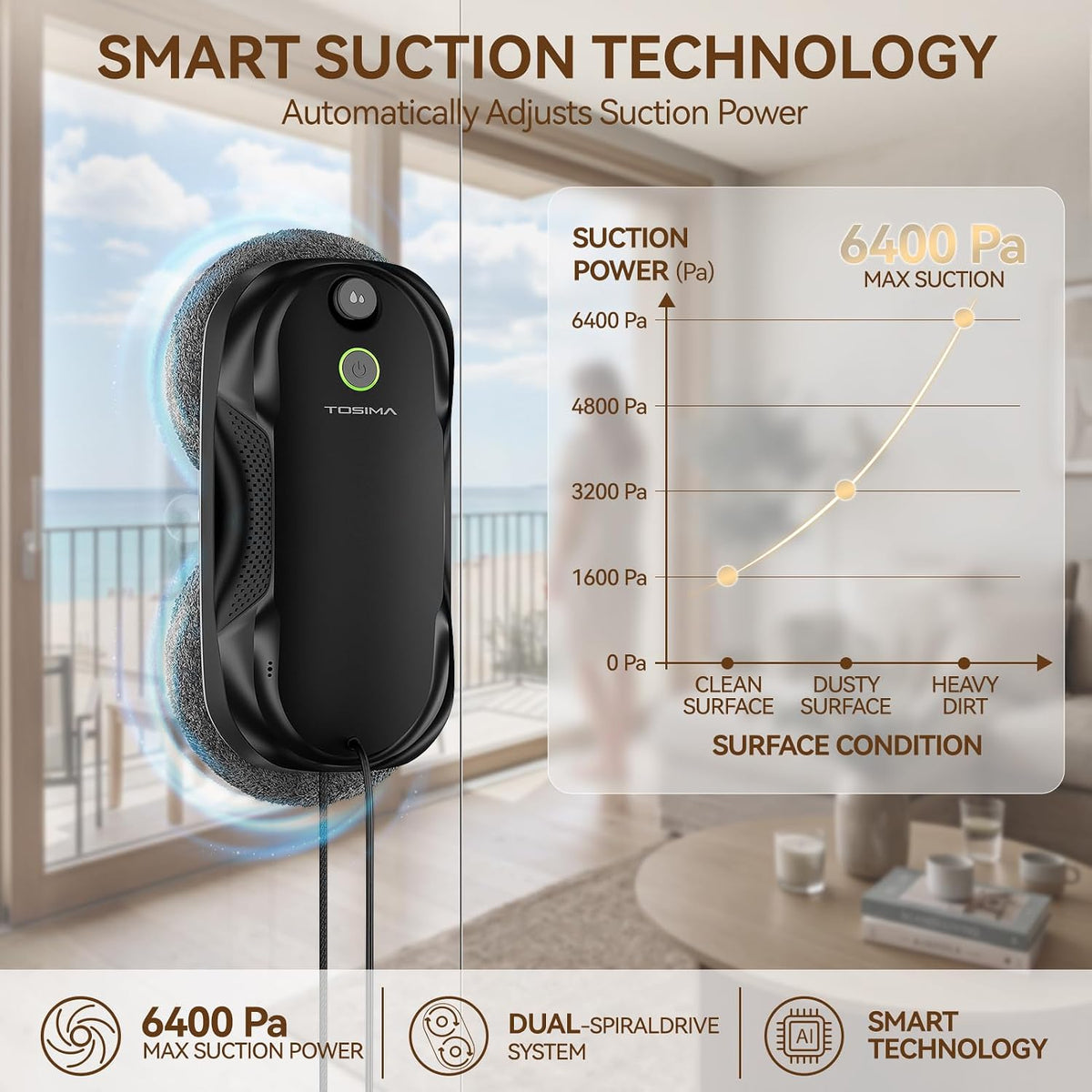 W5 Window Cleaning Robot, 6400Pa Max Adaptive Suction, Smart Window Cleaner with Triple Safety System, Intelligent