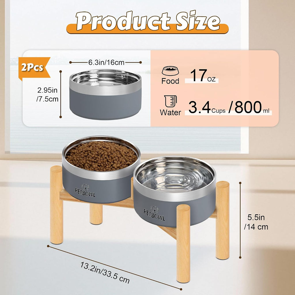 27oz Elevated Stainless Steel Dog Bowls Non-Slip Wooden Stand Grey