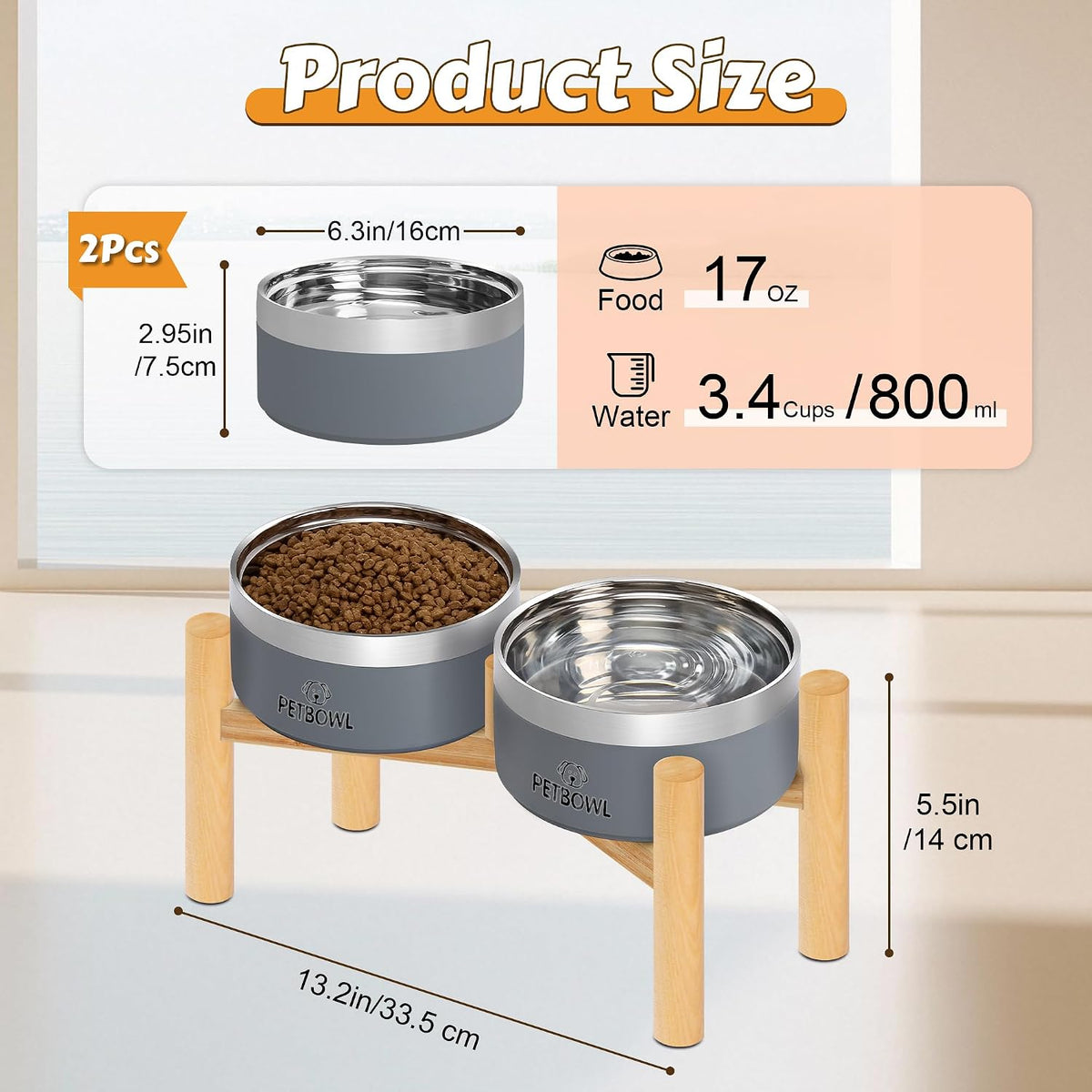 27oz Elevated Stainless Steel Dog Bowls Non-Slip Wooden Stand Grey