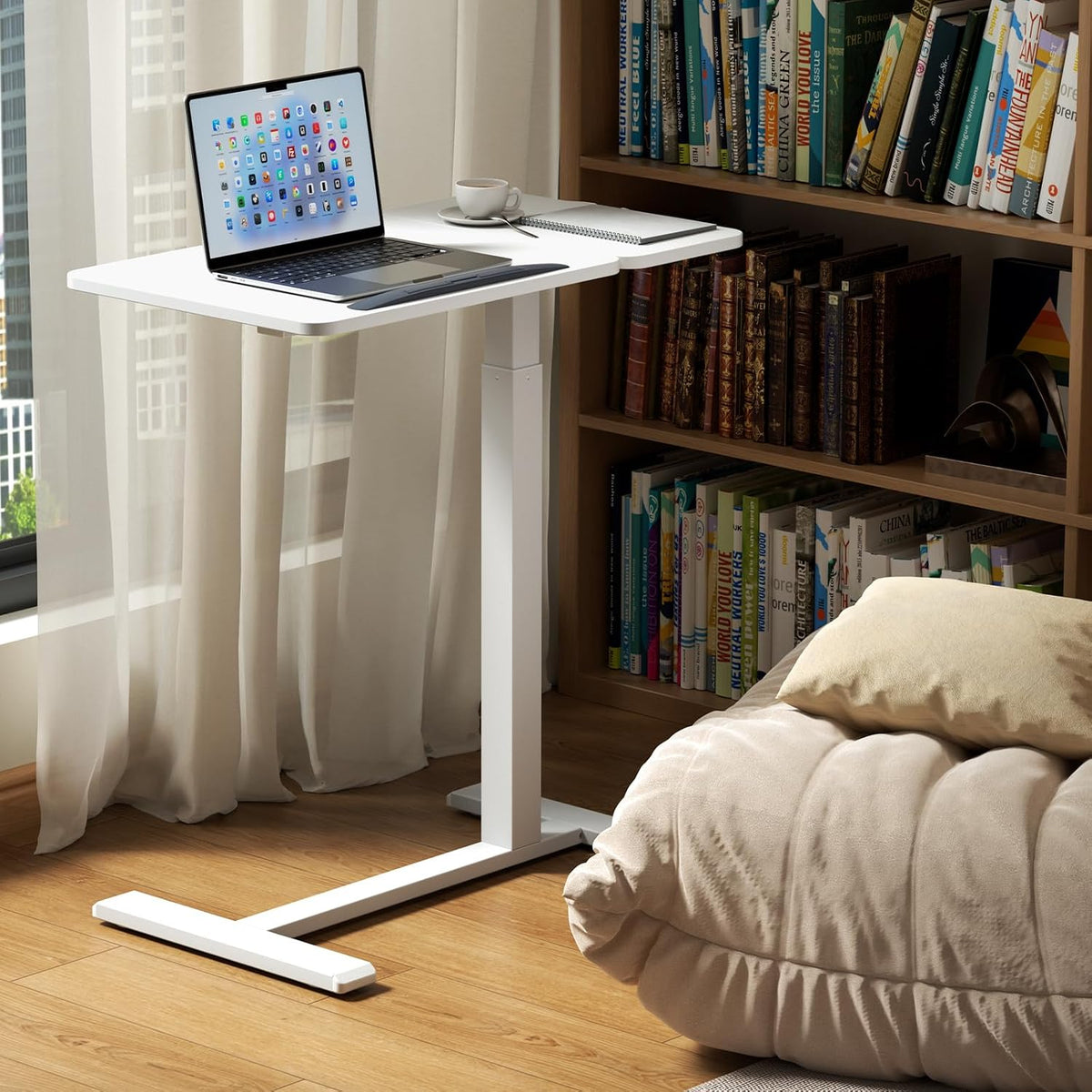 Overbed Bedside Table with Wheels, Pneumatic Adjustable Medical Tilt Top Hospital Bed Table Over The Bed, Rolling