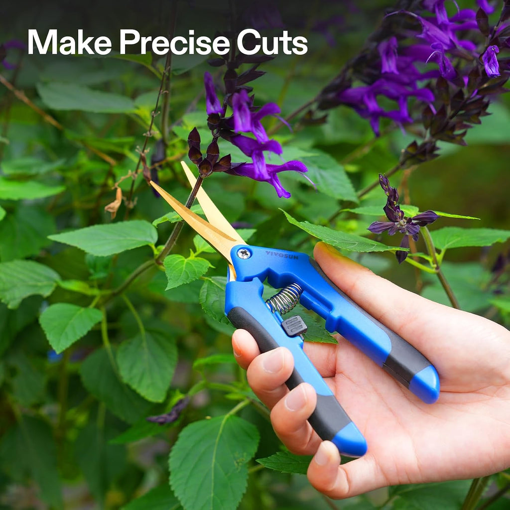 6.5 Inch Garden Scissors, Blue Pruning Shears for Plants, 2-Pack | Curved Precision Stainless Steel Blades, Comfort