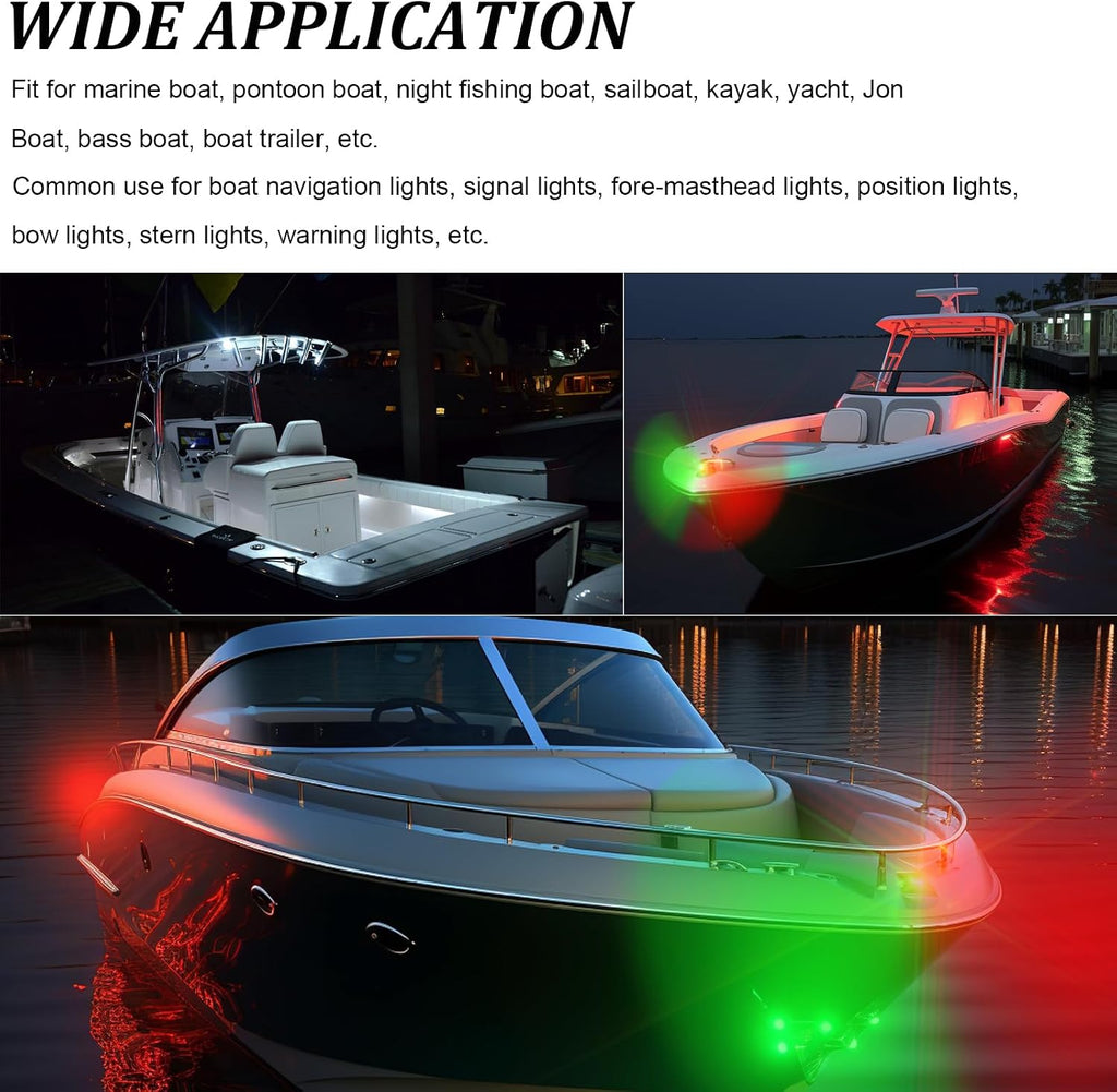 PSEQT Boat Navigation Lights LED Waterproof Marine Bow Stern Side Interior Deck Transom Lights w/Chrome bezels for Pontoon Fishing Small Bass Boat Yacht Kayak (1Pcs Red and Green, 2Pcs White)