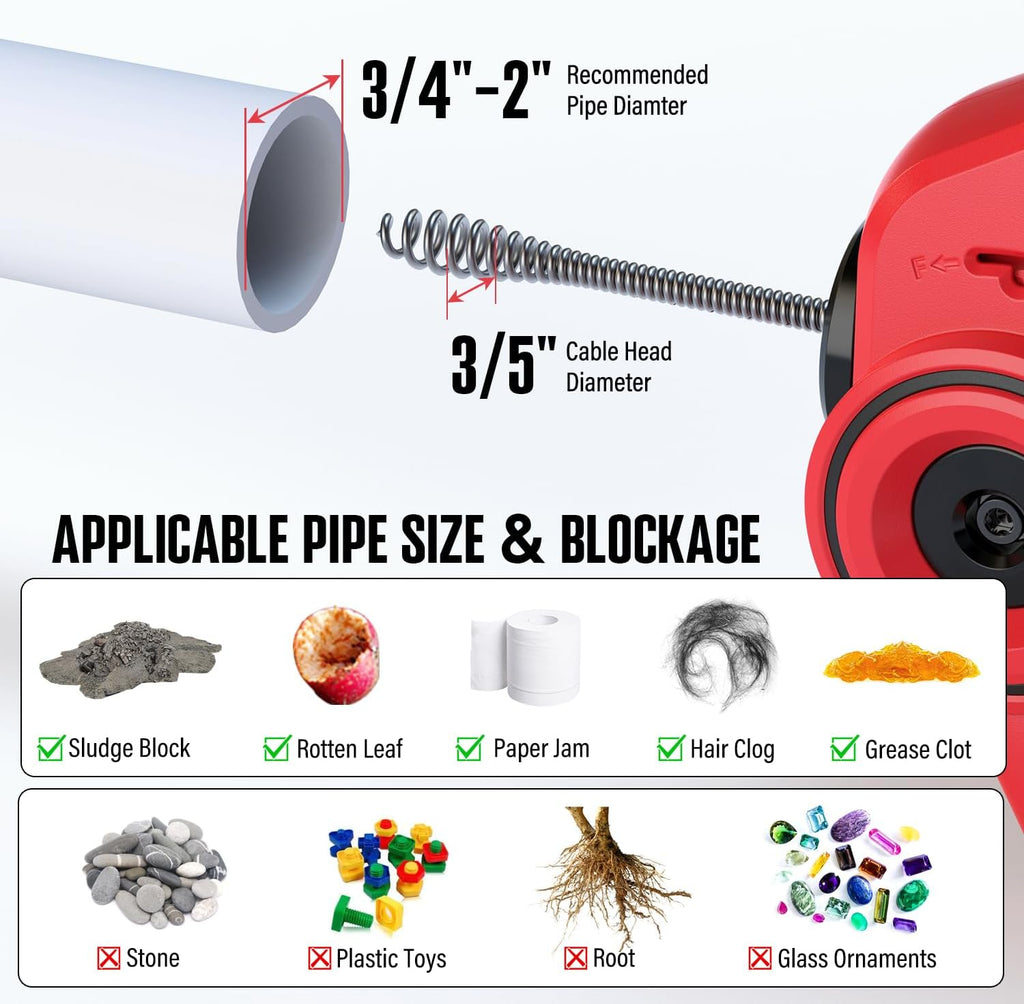 20V Cordless Electric Drain Auger-Efficient 25Ft Auto-Feed Drain Snake with Replaceable Cable,2.0Ah