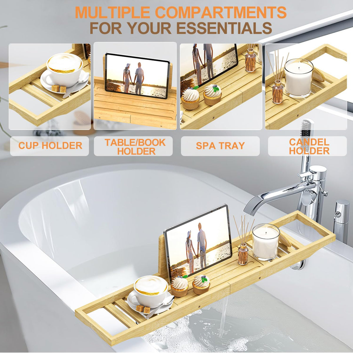 Bathtub Tray Caddy - Bath Tray - Bath Tub Table Tray Caddy - Bamboo Bath Tray for Tub