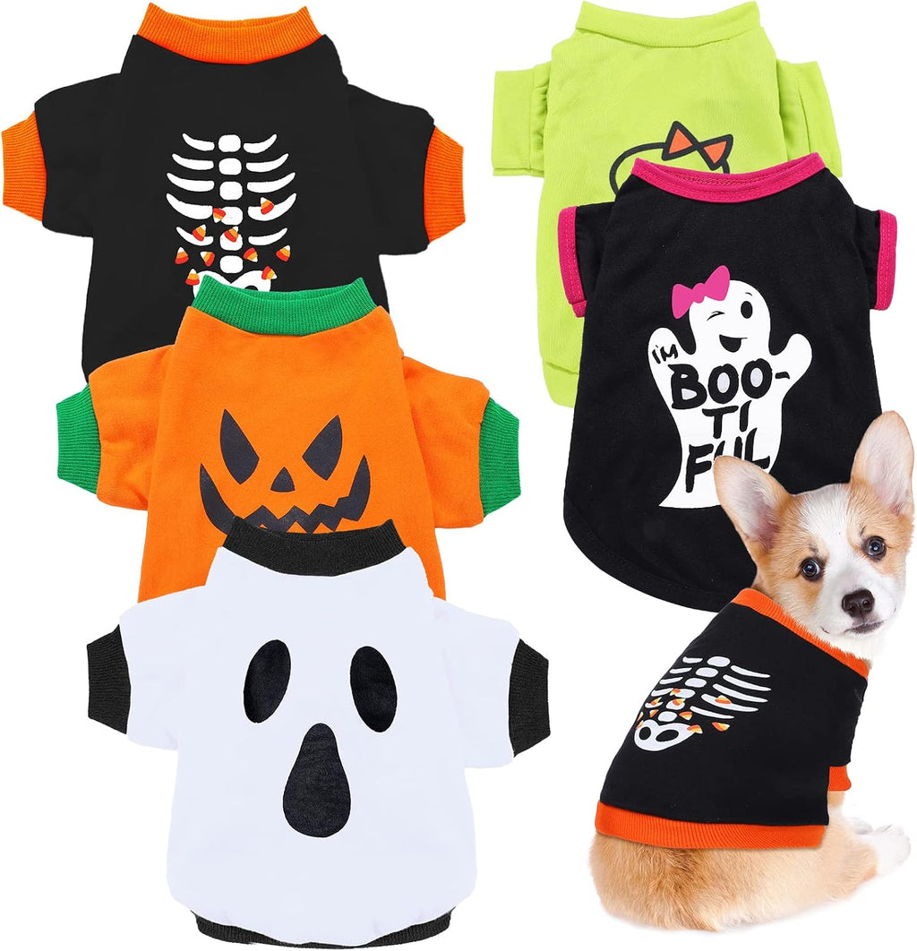 5 Pcs Halloween Dog Shirt & Clothes - Pumpkin Ghosts Skeletons Pet Costume