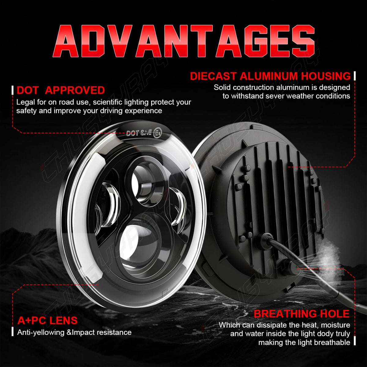 CHUSYYRAY 7 Inch Round Light Compatible with Jeep Liberty LED Headlight Assembly 2003 2004 2005 2006 2007 for Off Road, High Low Beam DOT Approved, 6500K White, IP67 Waterproof, Pack of 2