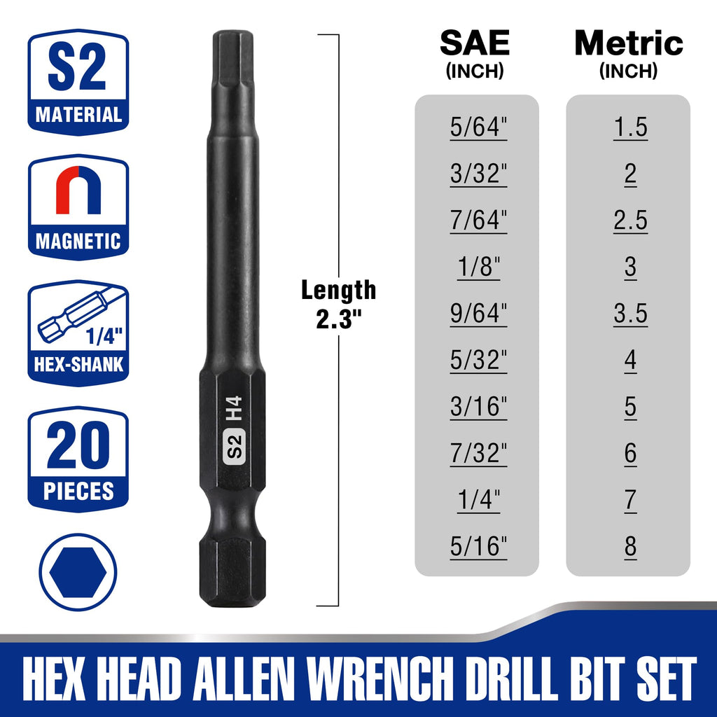 WORKPRO 20PCS Hex Head Allen Wrench Drill Bit Set, 2.3" Magnetic Tips