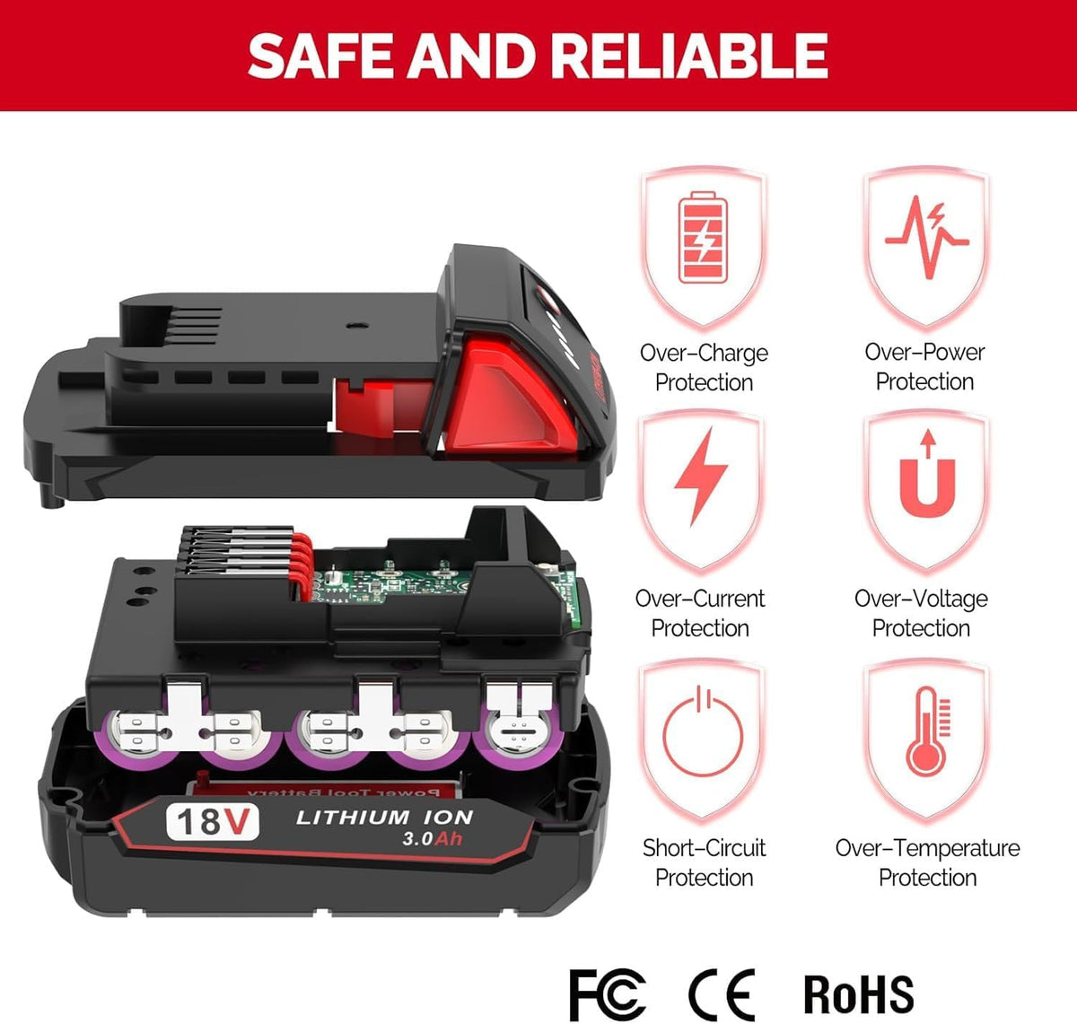 3.0Ah Replacement Battery for Milwaukee M18 Battery 48-11-1850 48-11-1852 48-11-1830, Compatible with Milwaukee 18V Battery Cordless Power Tools