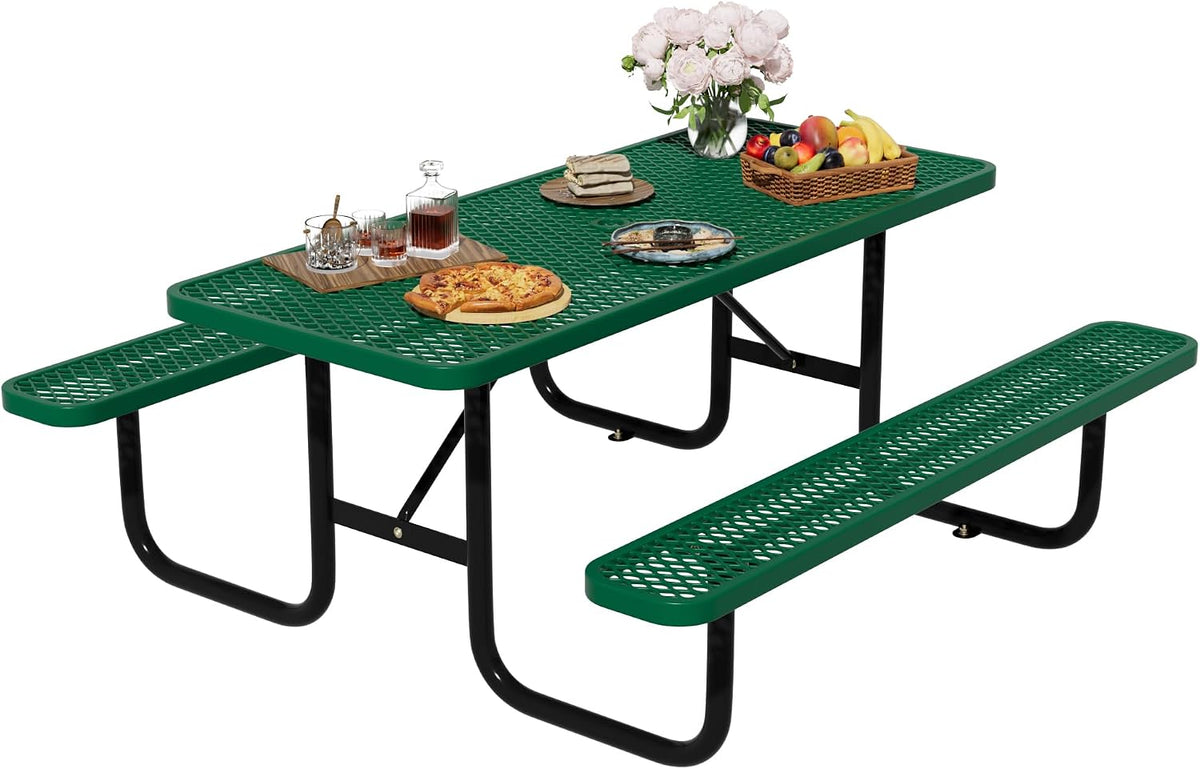 6FT Rectangular Steel Outdoor Picnic Table, Commercial Picnic Table Bench Set with Umbrella Hole, Weather-Resistant