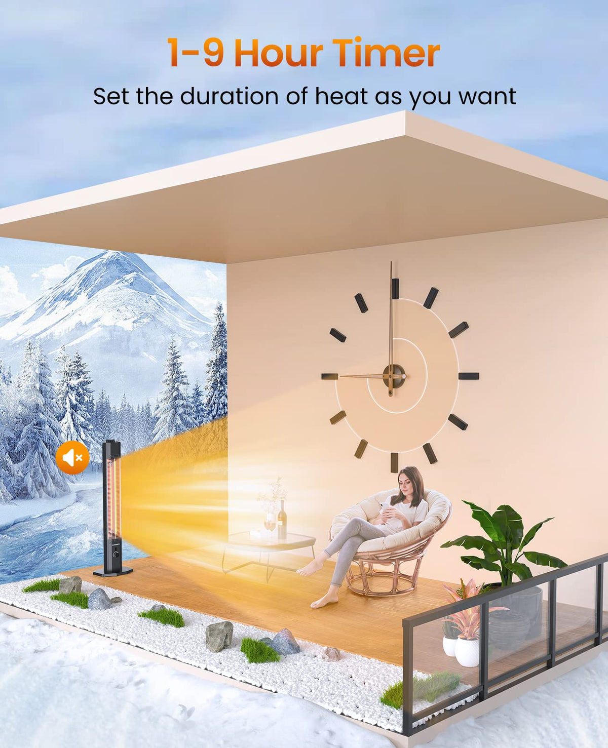 Outdoor Electric Patio Heater, 42in Infrared Heater with Remote, 9 Heat Levels, 9H Timers, 1500W Instant Heating
