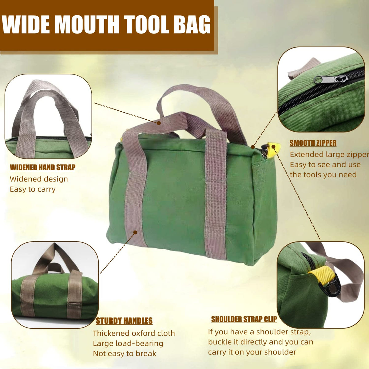 16 Inch Wide Mouth Tool Bag, Heavy Duty Canvas Tool Storage Bag, Large Capacity Handbag, Multi-function Tool