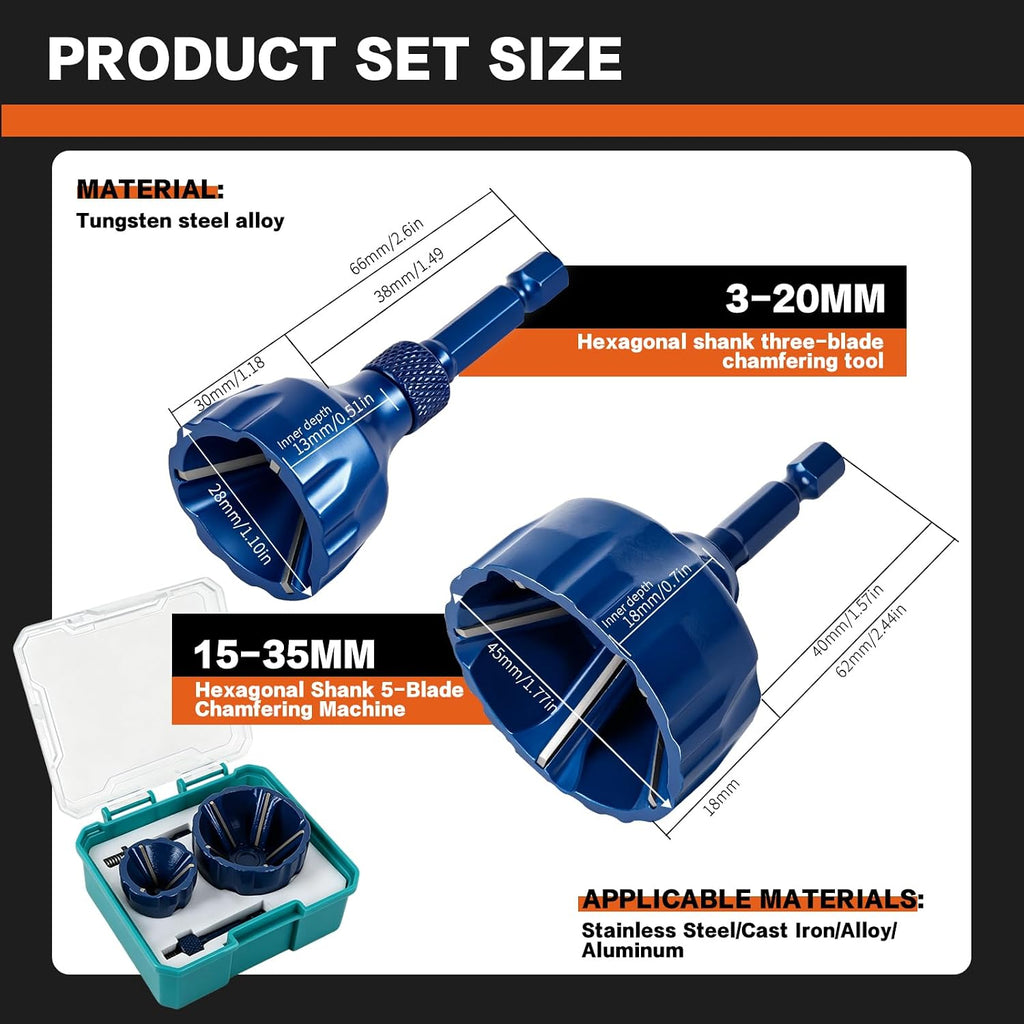Heavy Duty Chamfer Deburring Tool, Deburring Drill Bit for Screws, Bolts Pipe, PVC, 3D Printing – 3‑20mm & 15‑35mm Dual Size, Premium Carbide Blades, Drill Attachment Burr Remover