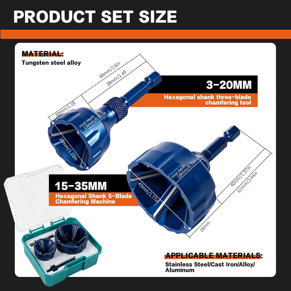 Heavy Duty Chamfer Deburring Tool, Deburring Drill Bit for Screws, Bolts Pipe, PVC, 3D Printing – 3‑20mm & 15‑35mm Dual Size, Premium Carbide Blades, Drill Attachment Burr Remover