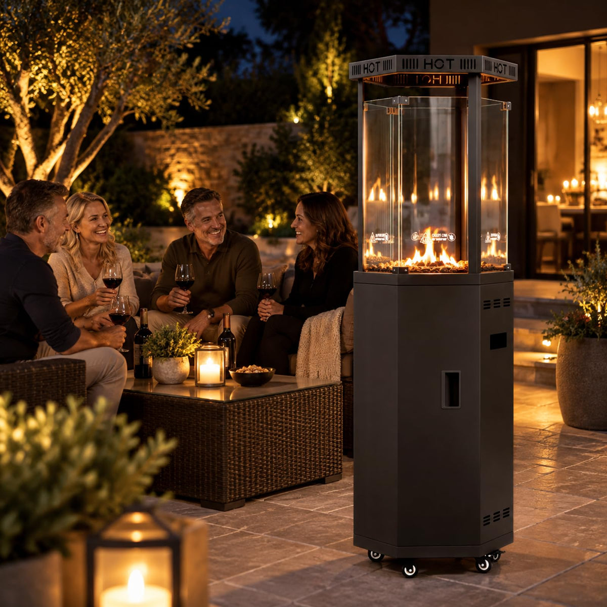 Outdoor Patio Heater, 41,000 BTU Propane Glass Flame Tower with Wheels