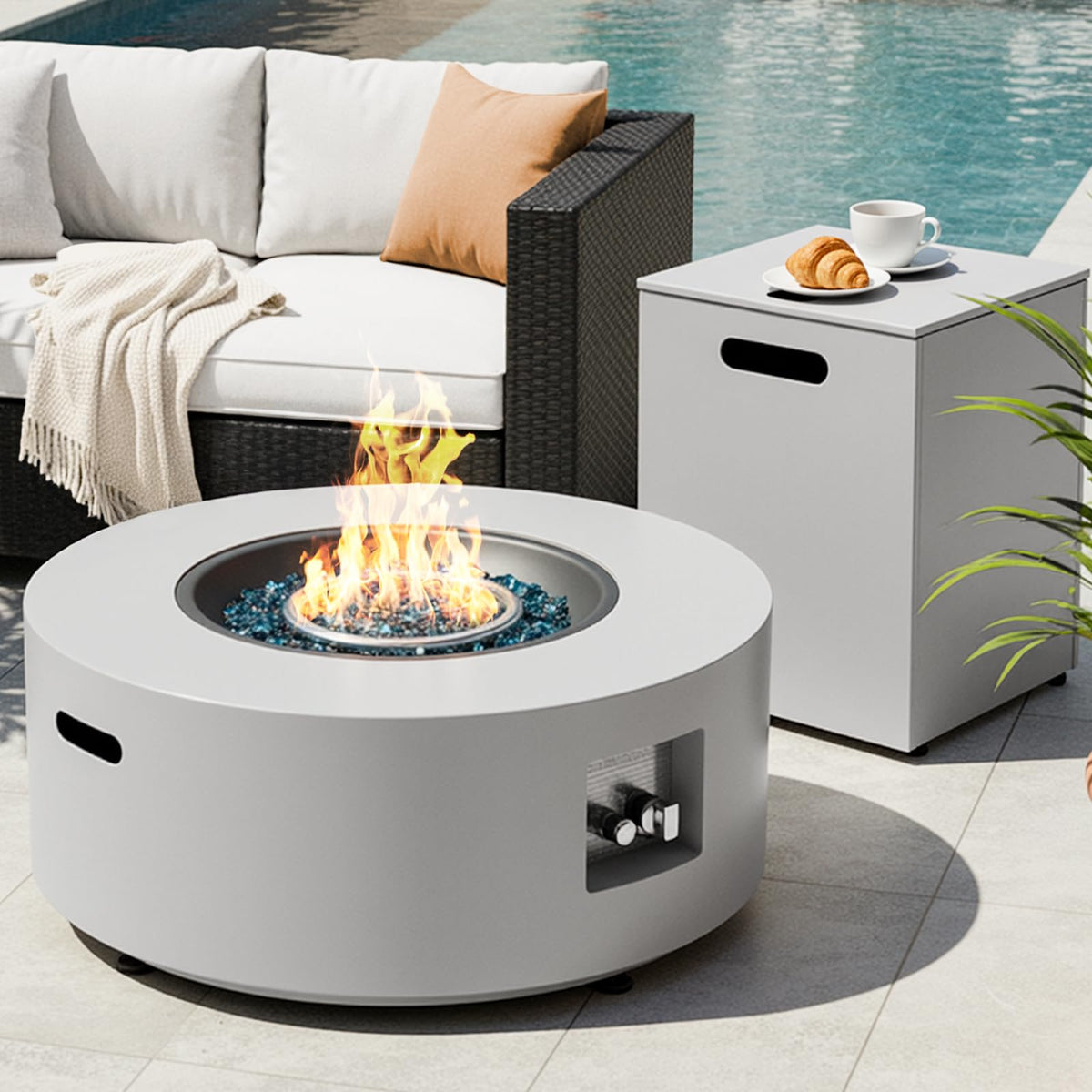 30-Inch Round Propane Fire Pit Table, 50,000 BTU, Light Gray