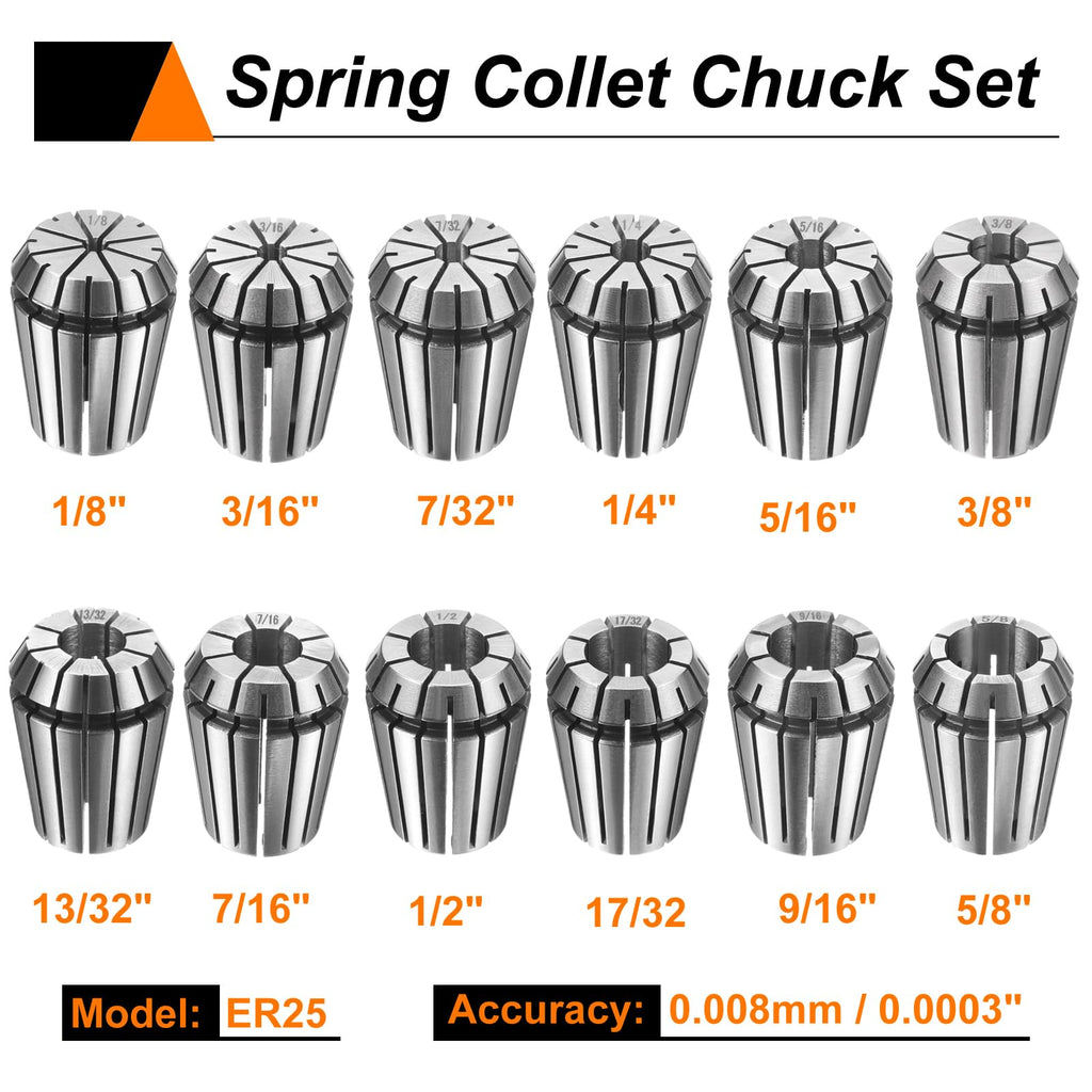 HARFINGTON 12pcs Spring Collet Chuck ER25 1/2" - 17/32" 65Mn Spring Steel Precision Router Collets for CNC Engraving Milling Lathe Tool