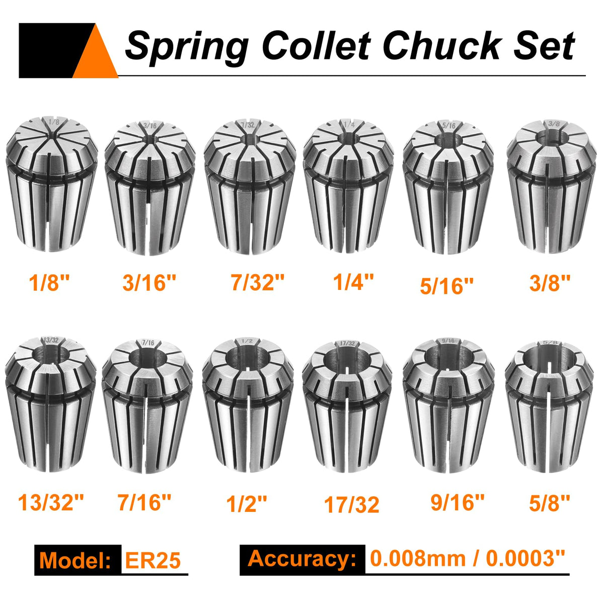 HARFINGTON 12pcs Spring Collet Chuck ER25 1/2" - 17/32" 65Mn Spring Steel Precision Router Collets for CNC Engraving Milling Lathe Tool