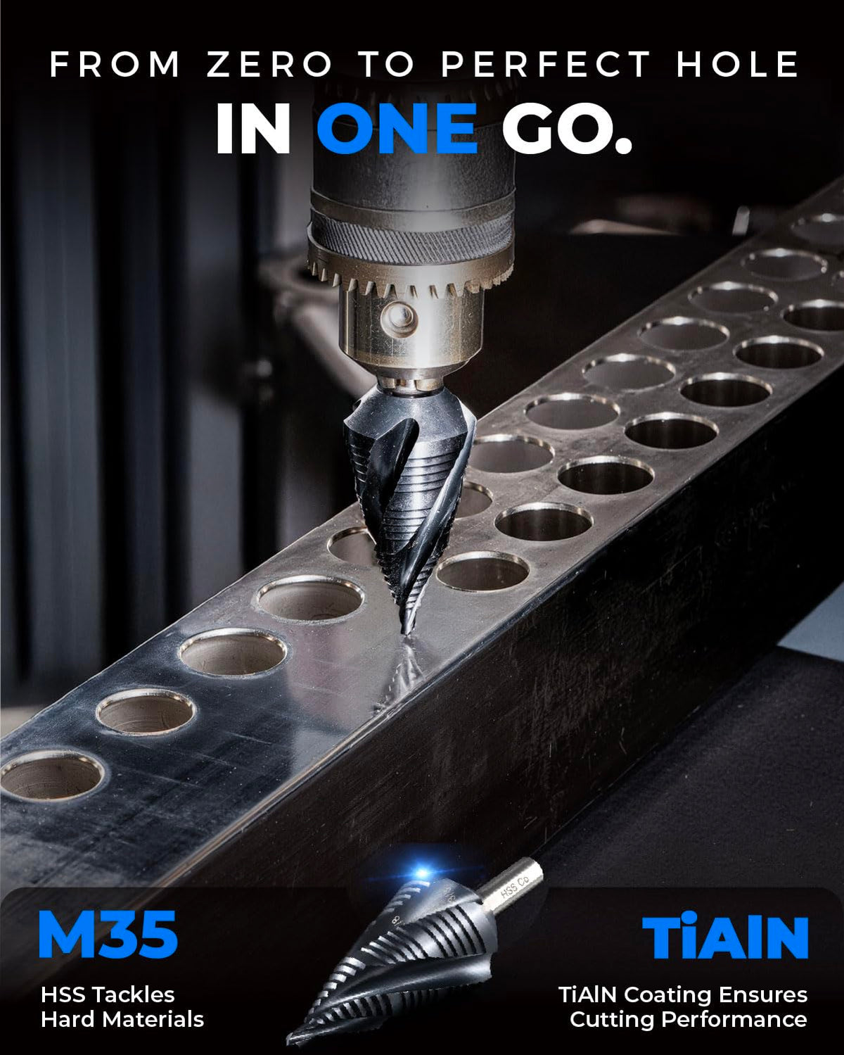 toolant M35 Cobalt Step Drill Bit Set, 3pcs, 1/8"-7/8", 1/4" Hex Shank