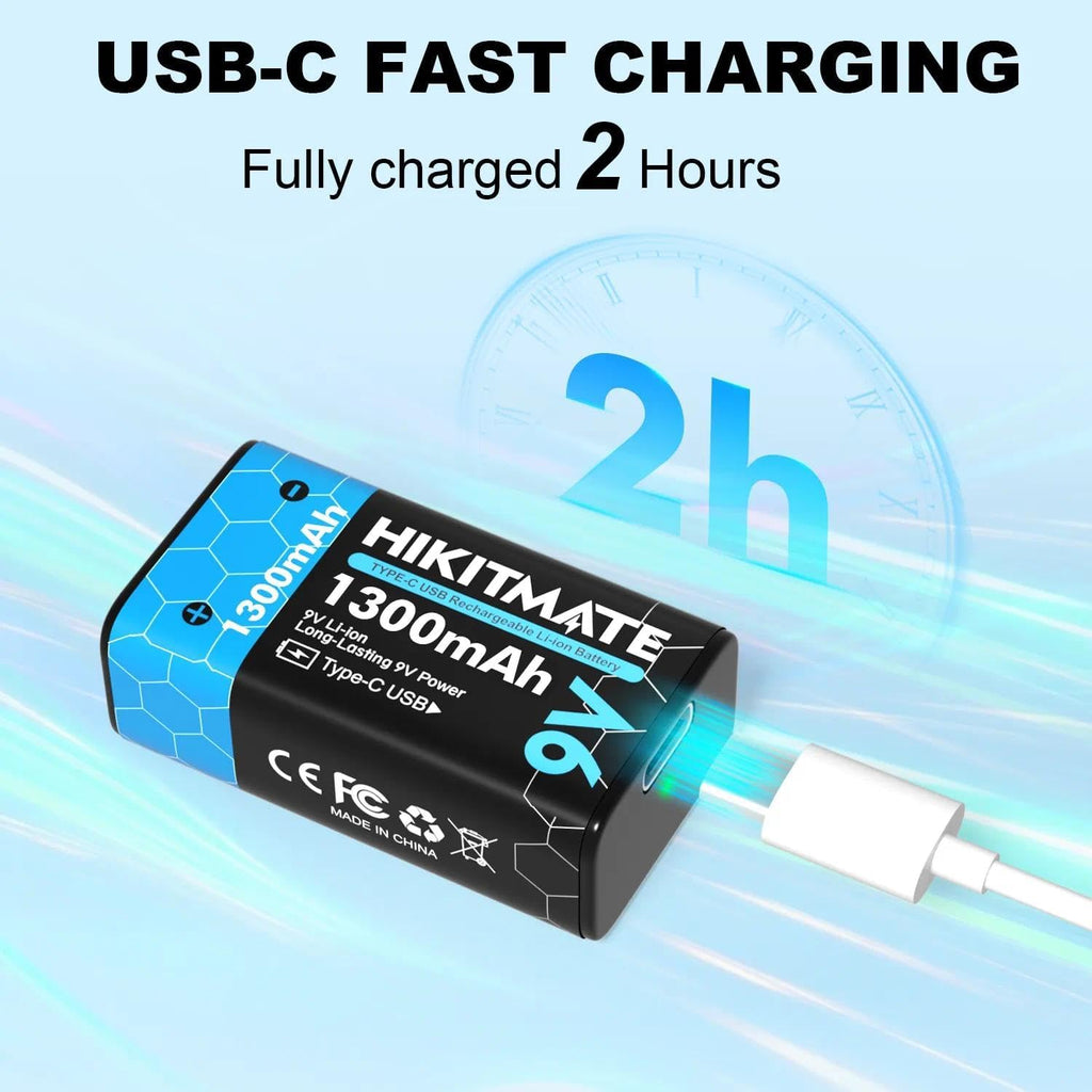 1300mAh Rechargeable 9V Batteries Lithium USB C, 2 Pack | 9 Volt Battery Li-ion for Smoke Detectors Alarms, 2H Fast