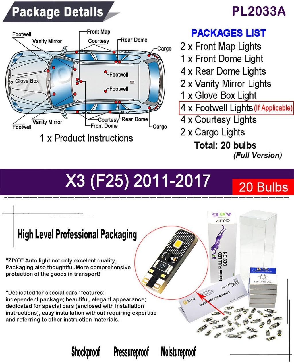 ZIYOLIGHT PL2033A - (20 Bulbs) LED Interior Light Kit Replacement for BMW F25 X3 2011-2017, White Dome Light Bulbs Upgrade Error Free