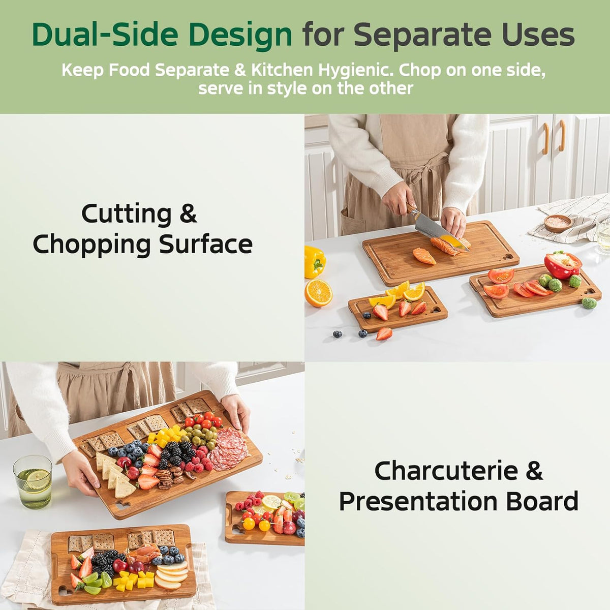 Bamboo Cutting Boards for Kitchen(Set of 3), Wood Cutting Board with Wood Storage Stand, Charcuterie & Chopping Board