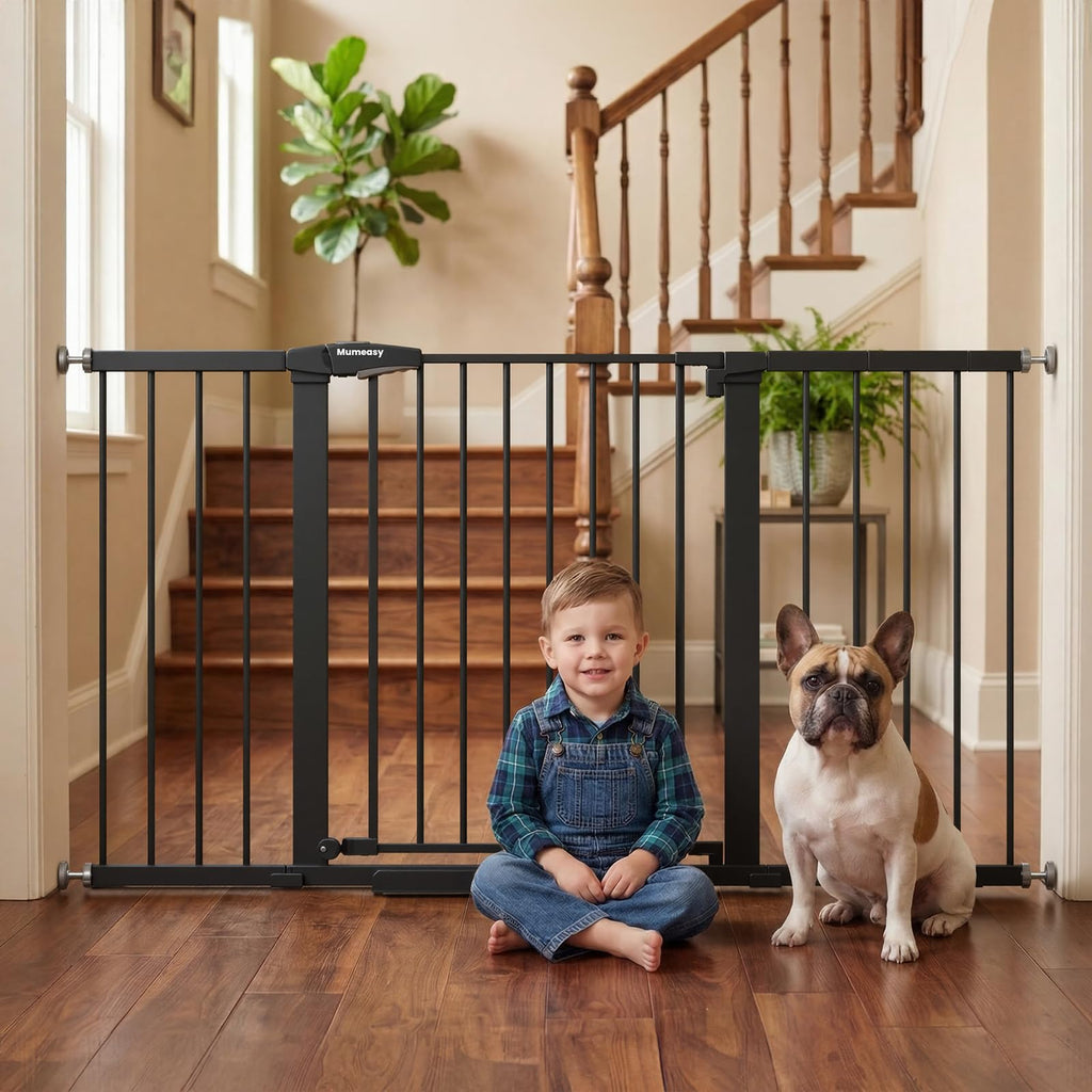 29.7-57" Extra-Wide No-Drill Pressure-Mounted Pet & Child Safety Gate with Auto-Close Walk-Through Door for Stairs, Hallways & Wide Doorways