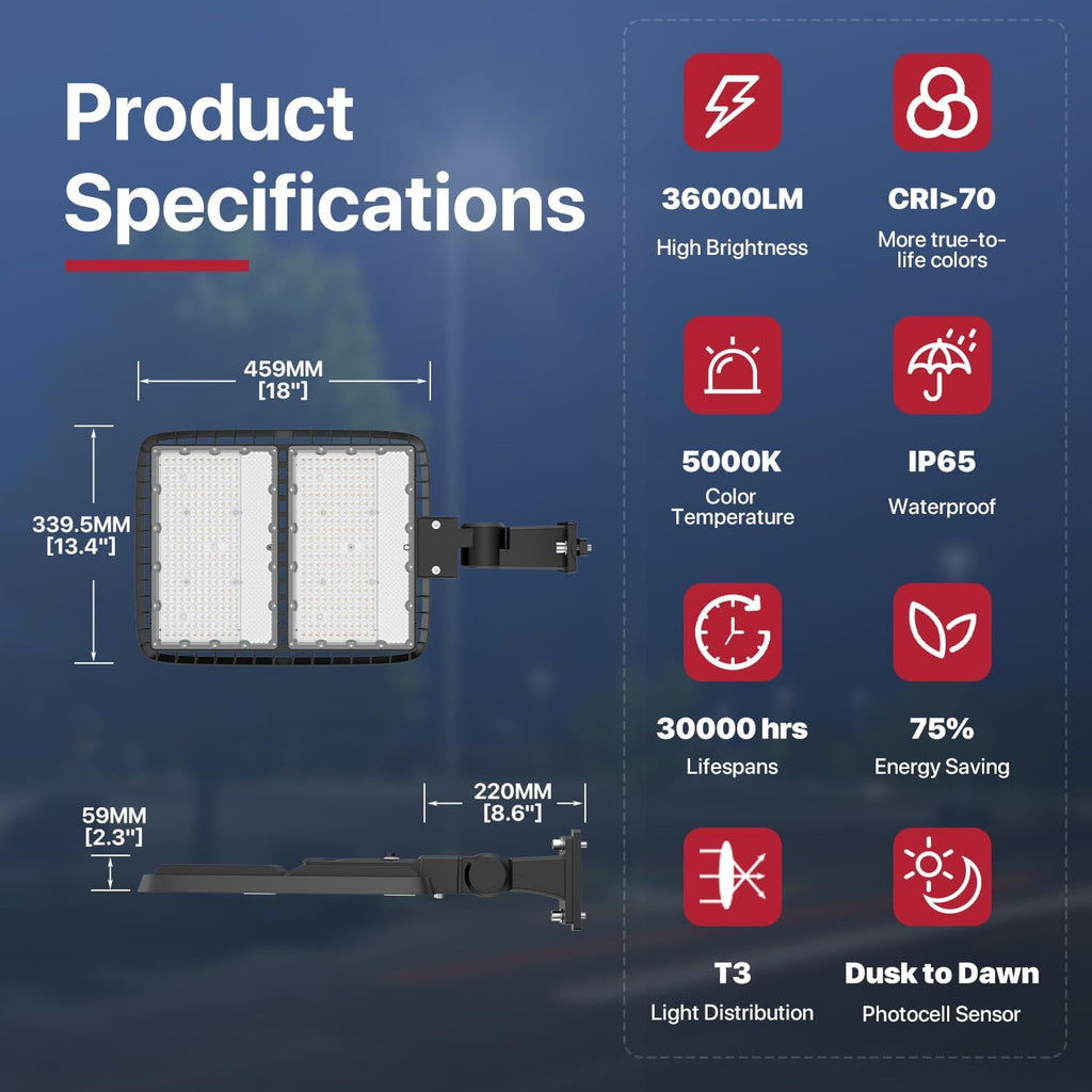 Kifflux 300W Led Parking Lot Light 5000K 36,000LM Adjustable Arm Mount