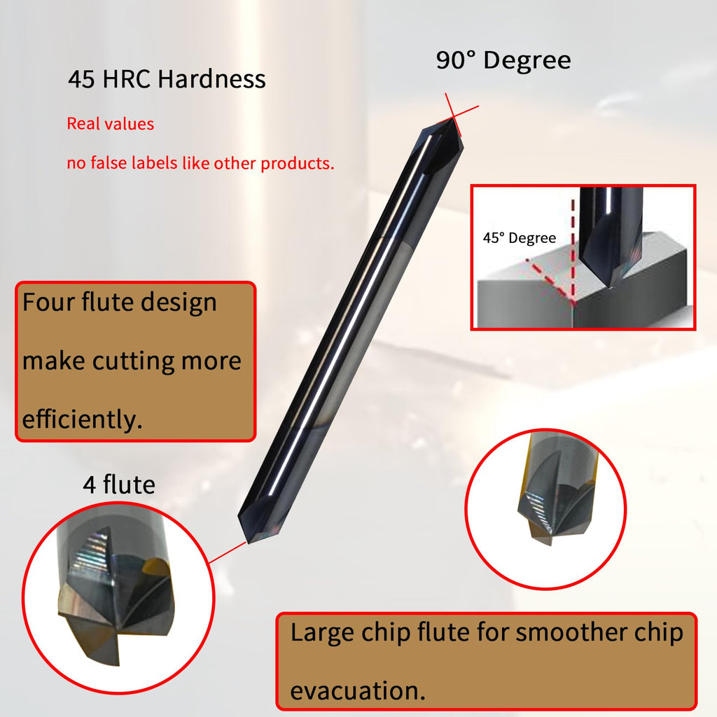 1/4" Chamfer Mill, Carbide, 4 Flute, 90° Degree, Double End