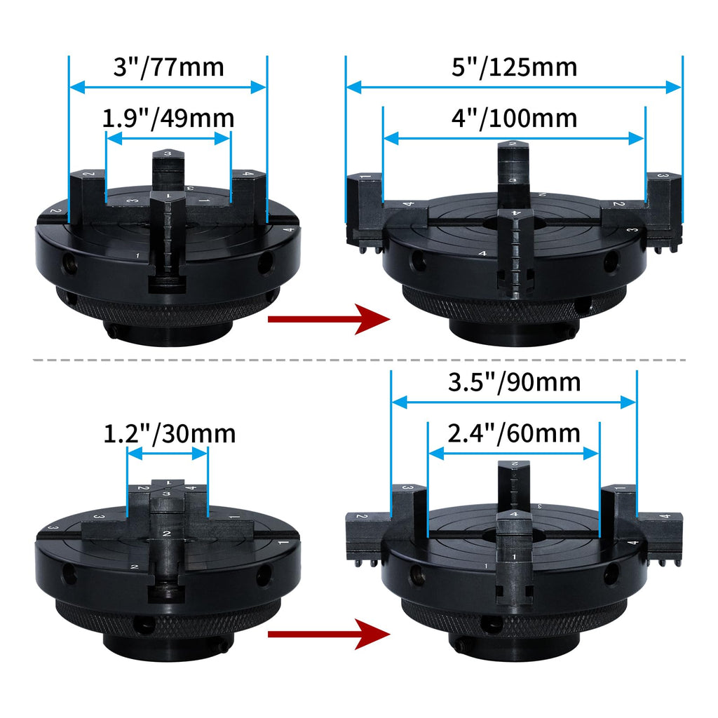 DEEFIINE 4 Inch Wood Lathe Chuck with 3/4"x16TPI to 1" x 8TPI Adapter