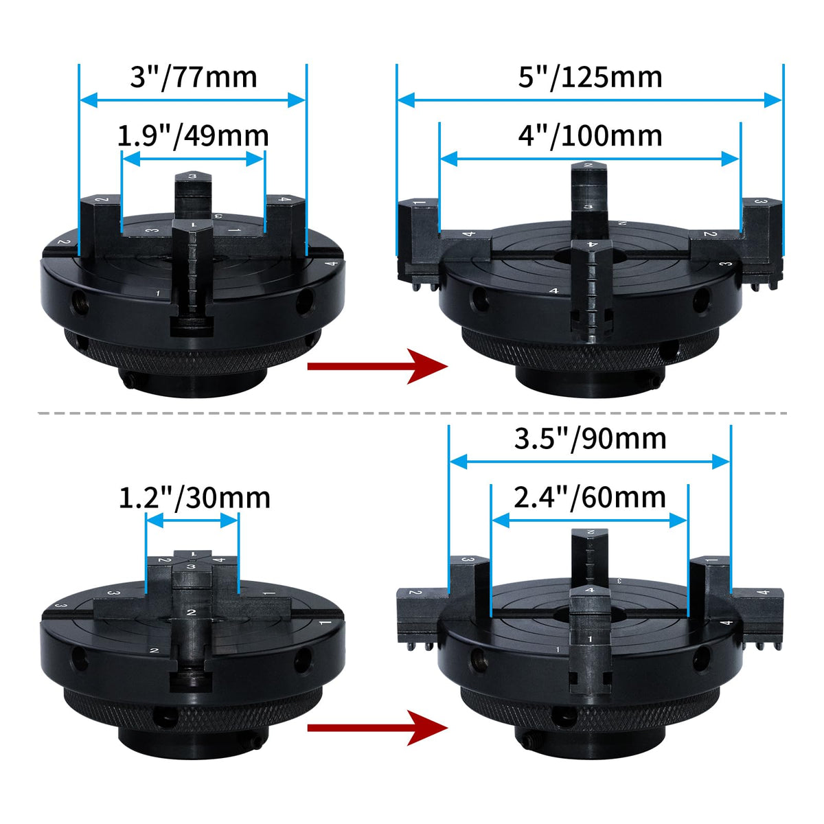 DEEFIINE 4 Inch Wood Lathe Chuck with 3/4"x16TPI to 1" x 8TPI Adapter