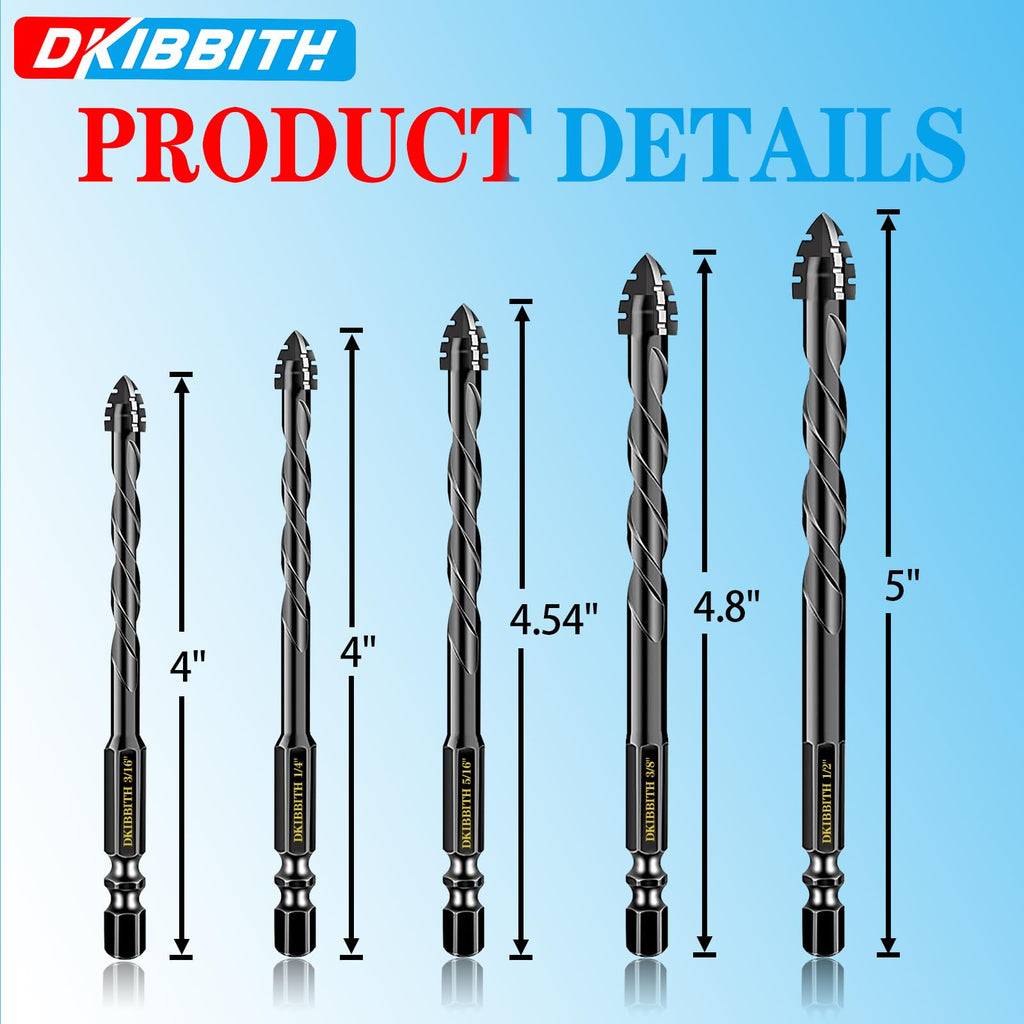 DKIBBITH 4-Flute Serrated Masonry Drill Bit Set 5-Piece Black- 3/16",1/4",5/16",3/8" to 1/2" for Concrete, Tile, Brick, Glass, Ceramic.