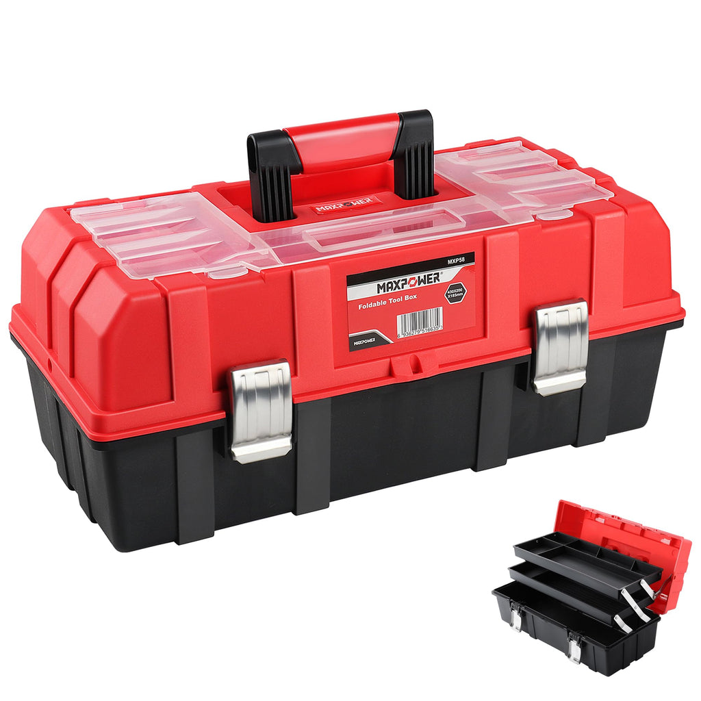 16-Inch Tool Box, Three-Layer Folding Plastic Storage Toolbox, Multi-Function Organizer with Tray and Dividers, Tools
