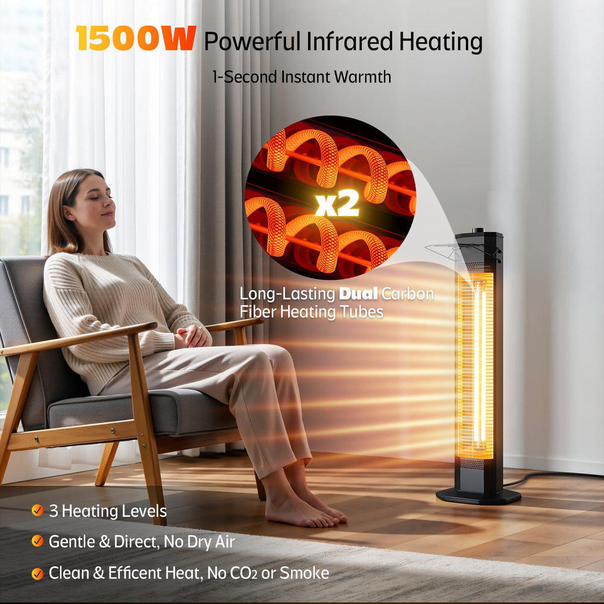 Outdoor Electric Patio Heater, 34-inch 1500W Infrared Tower Heater with Instant Heating, Tip-Over & Overheat