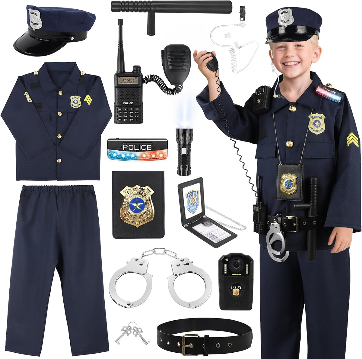 Police Costume for Kids 3-8, Cop Pretend Play Toys for Dress Up