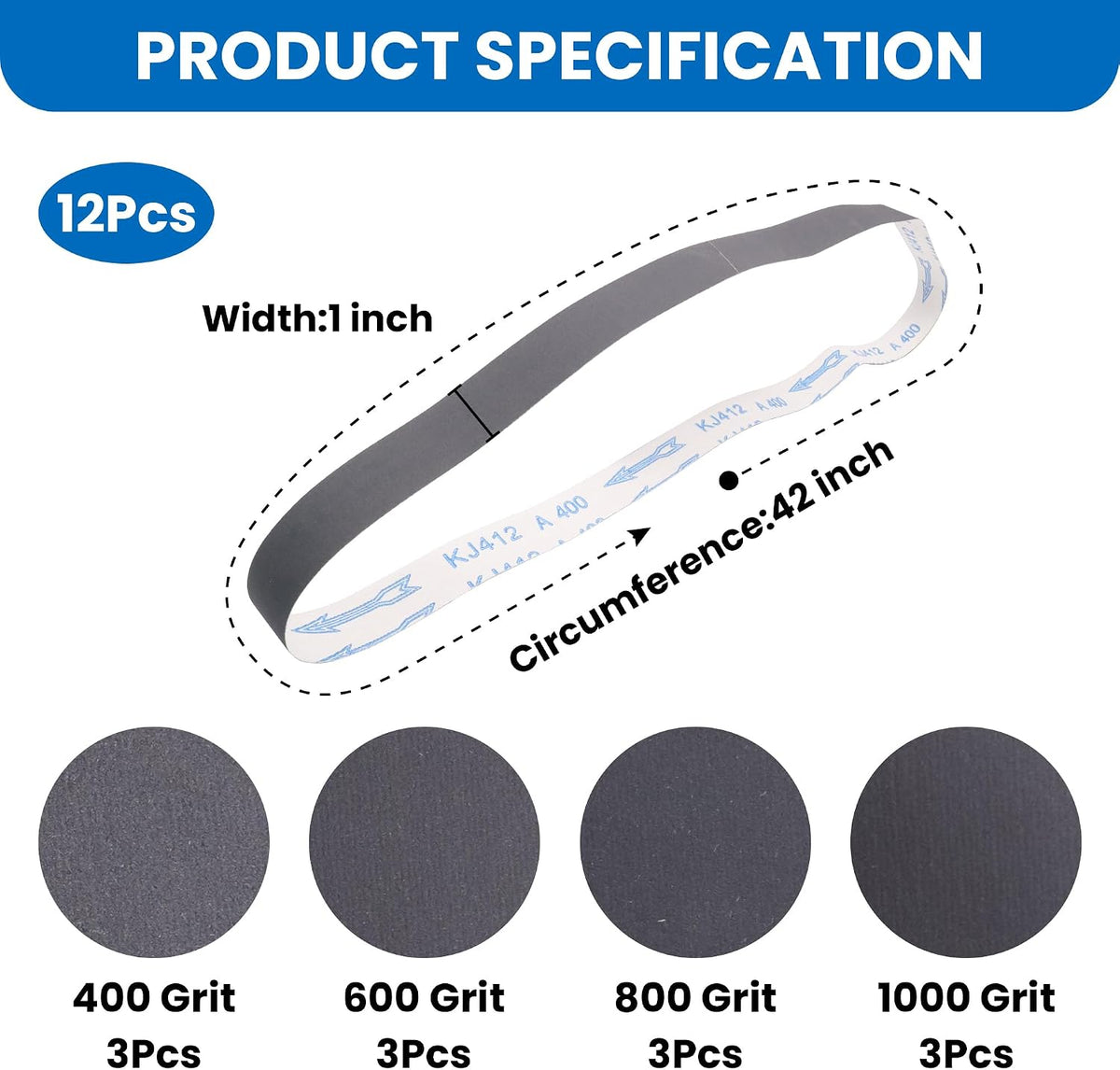 1x42" Silicon Carbide Sanding Belts 3 Each of 400/600/800/1000 Grit, 12Pack
